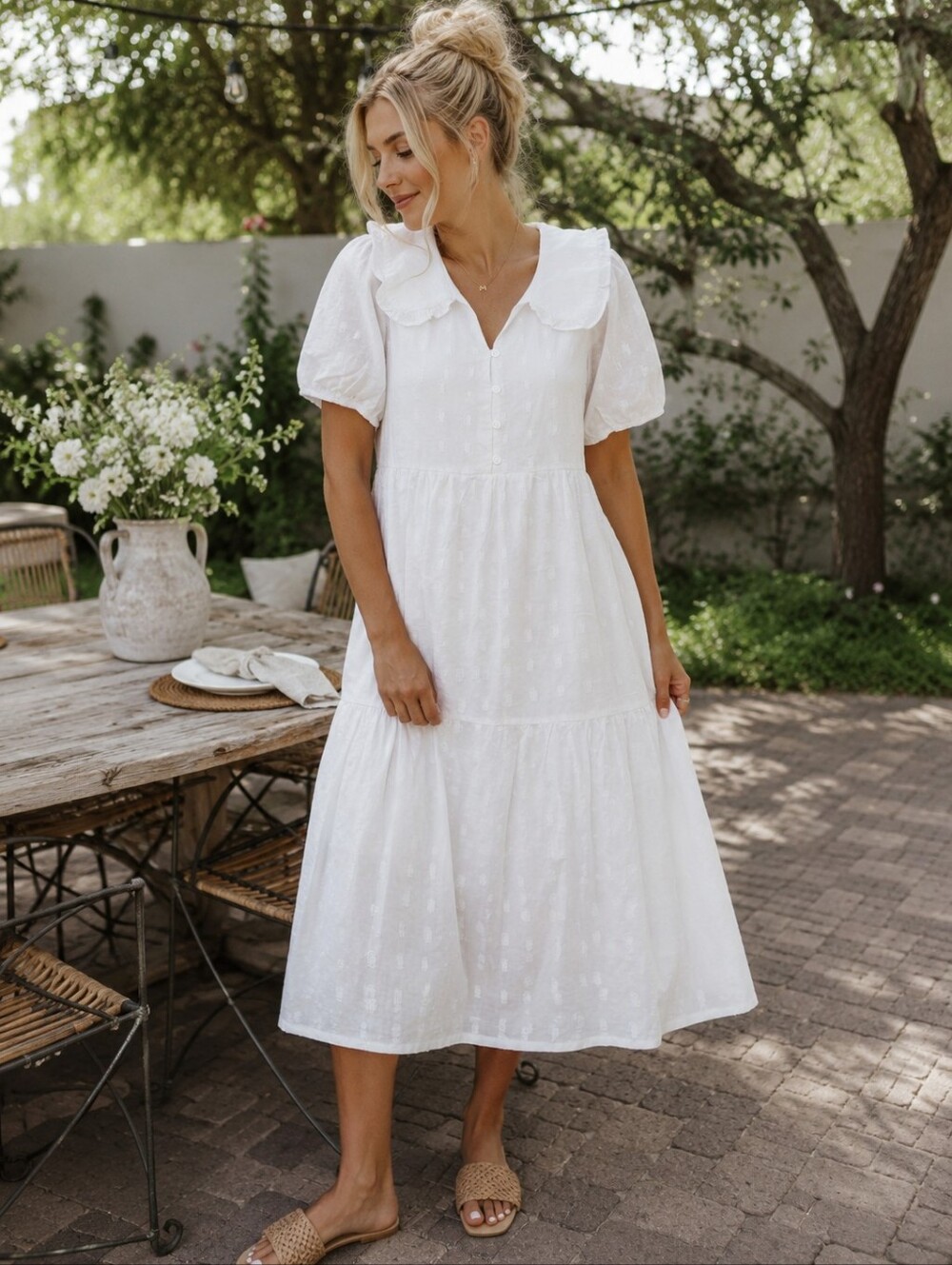 ROOLEE White Swiss Dot Tiered Midi Dress XL Peter Pan Collar NWT